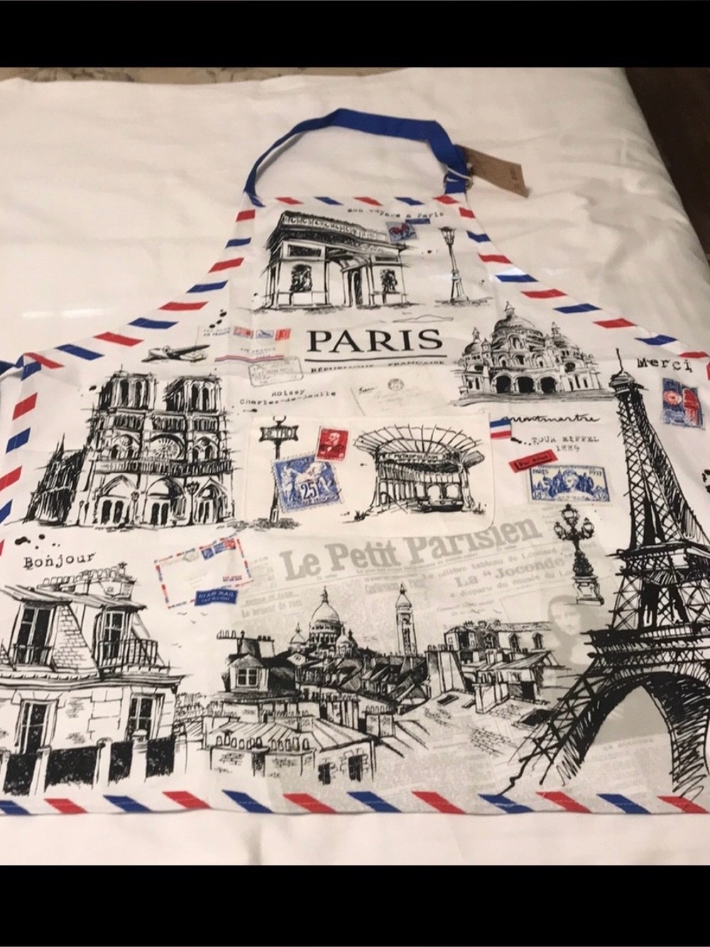 Paris Print Kitchen Apron in White and Blue